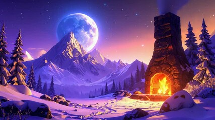 Vibrant neon colors illuminate a snowy mountain landscape at night, featuring a burning fireplace. - Powered by Adobe