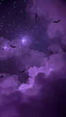 Halloween background featuring a purple night sky with bats, two moons, and stars, perfect for spooky-themed designs and festive decorations.