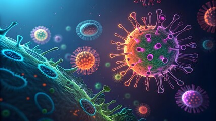 Colorful Digital Illustration of Viruses in Microscopic Environment