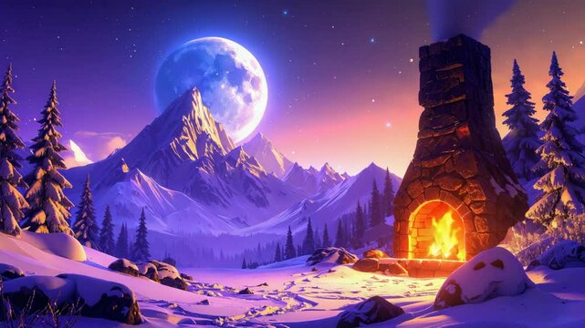 Vibrant neon colors illuminate a snowy mountain landscape at night, featuring a burning fireplace.