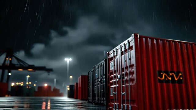 Shipping container cargo import night with rain and wet ground showing tariffs impact global shipping and import cargo tariffs