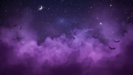 Halloween background featuring a purple night sky with bats, two moons, and stars, perfect for spooky-themed designs and festive decorations.