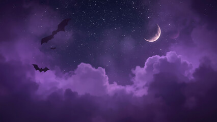 Halloween background featuring a purple night sky with bats, two moons, and stars, perfect for spooky-themed designs and festive decorations.