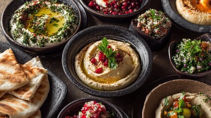 A vibrant assortment of Middle Eastern appetizers, including hummus and tabbouleh, displayed beautifully.
