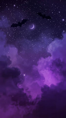 Halloween background featuring a purple night sky with bats, two moons, and stars, perfect for spooky-themed designs and festive decorations.