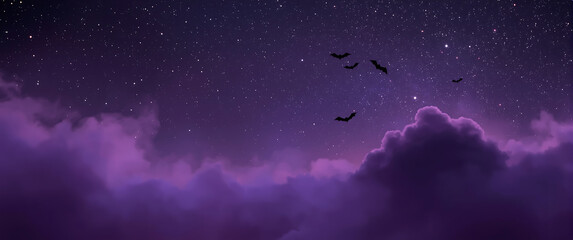 Halloween background featuring a purple night sky with bats, two moons, and stars, perfect for spooky-themed designs and festive decorations.