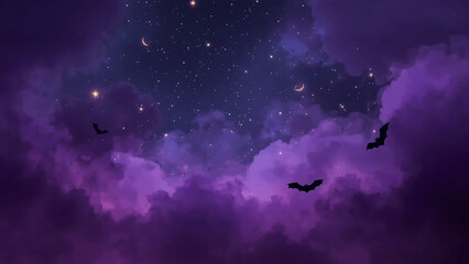 Halloween background featuring a purple night sky with bats, two moons, and stars, perfect for spooky-themed designs and festive decorations.