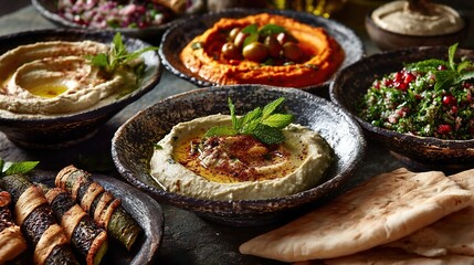 A vibrant and delicious spread of Middle Eastern appetizers, ready to be enjoyed.