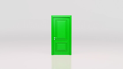 Green closed door standing in an empty room with white walls and floor, representing new opportunities, choices, and the potential for change and growth