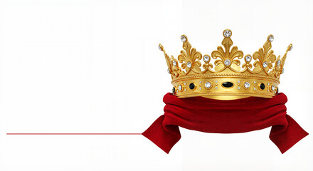 Ornate golden crown with red velvet sash on white background, royalty celebration concept