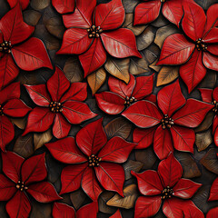 Seamless engraved leather Christmas poinsettia flowers pattern
