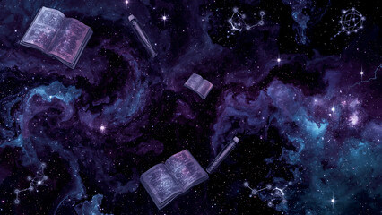 Halloween background featuring a purple galaxy with constellations and spooky objects. Suitable for festive designs, cards, invitations, and social media posts.