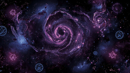 Halloween background featuring a purple galaxy with constellations and spooky objects. Suitable for festive designs, cards, invitations, and social media posts.