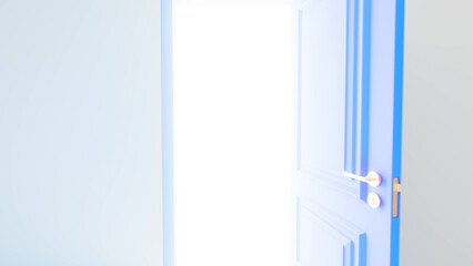 Open blue door revealing bright light streaming from within a room, symbolizing hope, opportunity, and the promise of new beginnings on the horizon