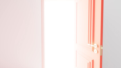 Open red door lets in a bright white light, symbolizing hope, opportunity, and new beginnings in a minimalist and conceptual composition