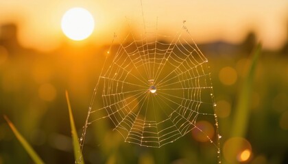 Beautiful spider web glistening in morning sunlight over a dewy field at dawn