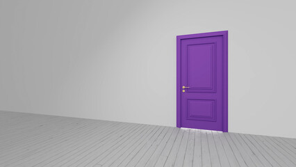 Vibrant purple door stands slightly ajar in a minimalist white room, inviting viewers to explore the possibilities beyond the threshold, with a light wooden floor leading the way