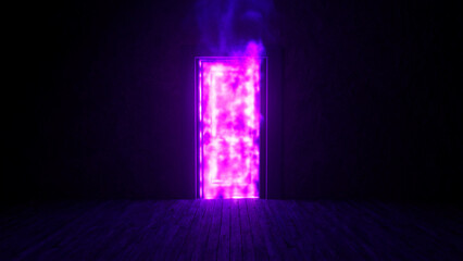 Bright purple light glowing from a doorway in a dark room with a wooden floor creates a mysterious, otherworldly atmosphere, inviting thoughts of magic and hidden realms