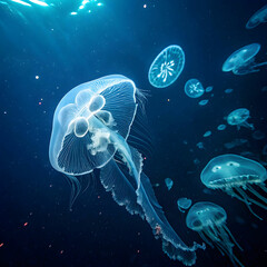 top down view of bioluminescent jellyfish glowing