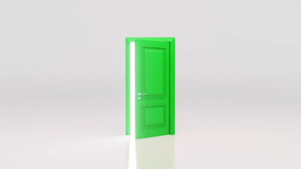Slightly opened green door is letting a bright white light shine through into an empty white room, creating a concept of hope, opportunity, and new beginnings
