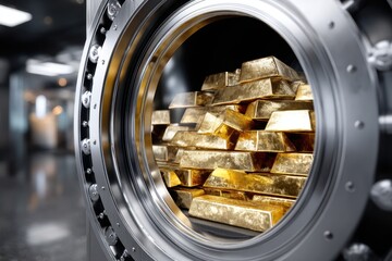 Gold bars stored in a secure vault amidst a modern financial setting