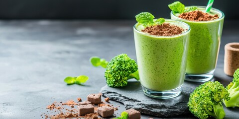 Two green smoothies garnished with mint leaves and sprinkled with cocoa powder, surrounded by broccoli and chocolate cubes on a dark surface.