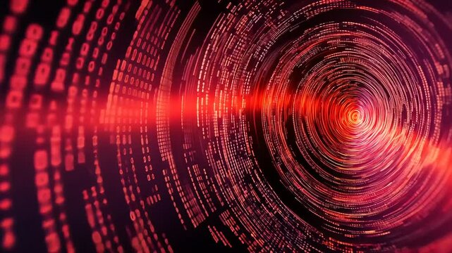 Abstract digital tunnel with red binary code swirling, creating a sense of depth and motion