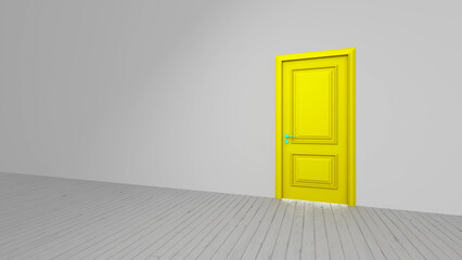 Vibrant yellow door stands out against a white wall in an empty room with a gray wooden floor, symbolizing new opportunities and a fresh start
