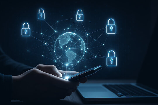 Digital security network illustrating global data protection and secure online transactions with connected padlocks surrounding a glowing world map