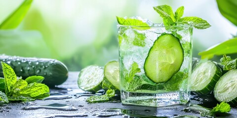 A refreshing cucumber and mint drink served in a glass with ice, surrounded by fresh cucumber slices and mint leaves on a wet surface.