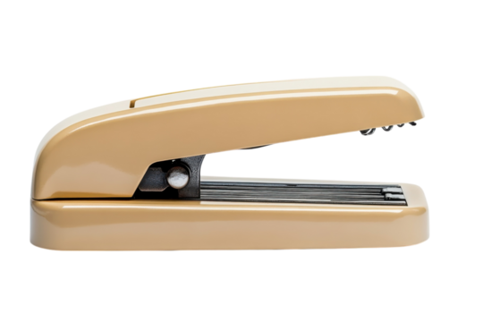 Beige Office Stapler Isolated Close up Stationary Tool Paper Fastening Business Supply on transparent background