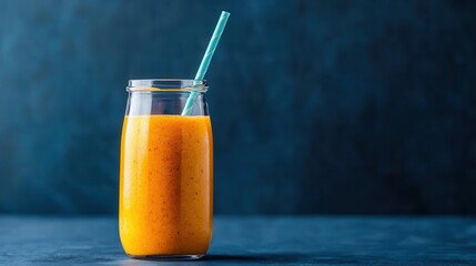 A glass jar filled with an orange smoothie and a blue-striped straw against a dark blue background.