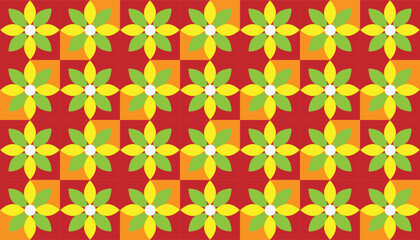 Seamless geometric floral pattern featuring six-petal flowers in shades of yellow and green on a bold red and orange background