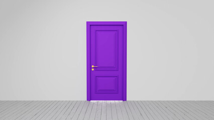 Minimalist interior design featuring a vibrant purple door against a white wall, inviting exploration into a room with a contrasting white wooden floor
