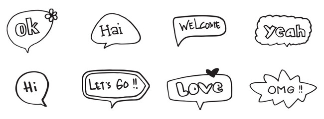 Handwritten text dialog text bubbles, Speech bubble doodle with short messages on white background. Vector illustration