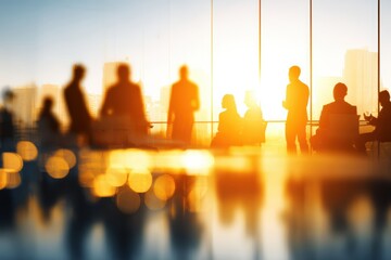 Blurred silhouettes of businesspeople in a modern office with warm sunlight filtering through large windows during a meeting or discussion.