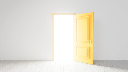 Bright light streaming through an open classic yellow door illuminates an empty room featuring white walls and a wooden floor, evoking feelings of hope and new beginnings