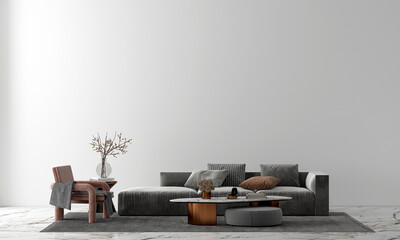 Modern home and luxury living room with cozy sofa decoration and side table and empty white pattern wall background. 3d render.
