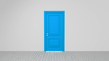 Light is entering a white room with wooden floor from a blue, closed double door with golden handle in a minimalist and surreal concept image