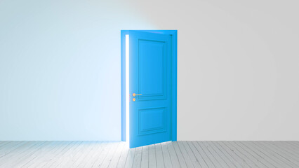 Light streaming through an open blue door casts a warm glow on a wooden floor in a white room, evoking feelings of hope and new beginnings in a serene, minimalist setting