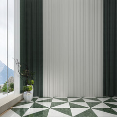 Modern home and luxury living room with green curtian and mountain background. 3d render.
