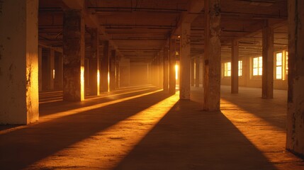 Fototapeta premium Sunlight streams through windows in an empty, rustic industrial warehouse, casting long shadows across the concrete floor and columns.