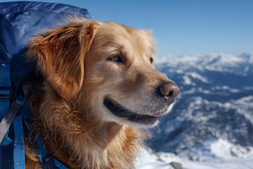 A golden retriever with a backpack relaxes on a snowy mountain trail, surrounded by stunning alpine scenery