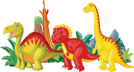 Fototapeta premium Cartoon Dinosaurs in a Prehistoric Landscape with Trees and Plants