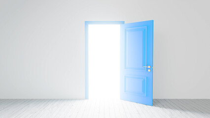 Light is streaming through an open blue door in an empty white room with a wooden floor, offering a sense of opportunity and new beginnings