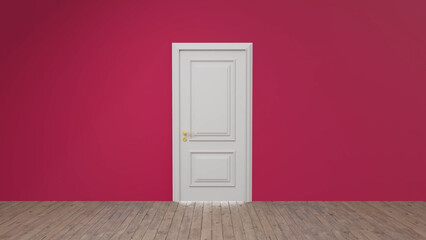 Classic white closed door on a vibrant pink wall in an empty room with a wooden floor, creating a striking contrast and suggesting mystery or new beginnings