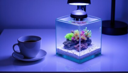 Elegant aquarium with colorful coral, decorative rocks, and a cup of coffee illuminated in a cozy atmosphere
