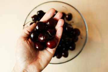 Close-up of a hand holding a handful of fresh cherries over a glass bowl. Juicy summer fruit ready...