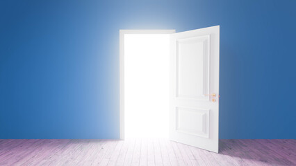 Bright light shining through open classic white door in empty room with blue wall and wooden floor, creating atmosphere of hope, opportunity and new beginnings