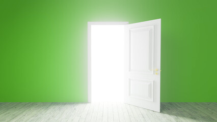 Bright light streaming through an open white door illuminates a vibrant green room with a wooden floor, fostering a sense of hope and optimism for new beginnings and possibilities
